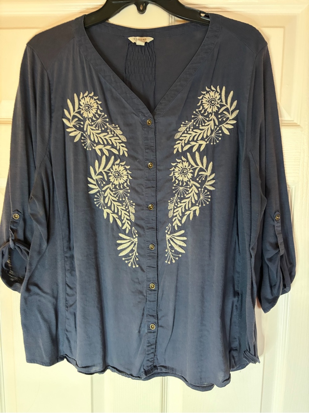 Sonoma Navy Button-Front Top with Ivory Floral Embroidery